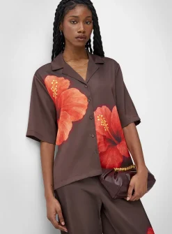 Printed double-face satin notch-collar loose blouse