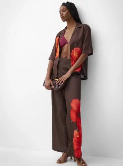 Printed double-face satin notch-collar loose blouse