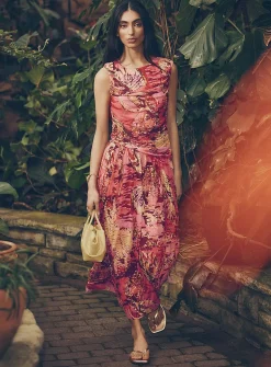 Printed draped-waist micromesh maxi dress