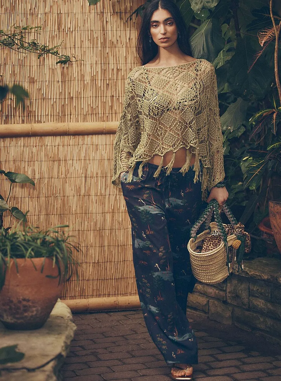 Printed drawstring-waist wide-leg pant