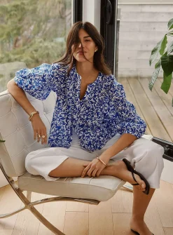 Printed puff-sleeve voile blouse
