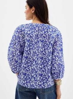Printed puff-sleeve voile blouse