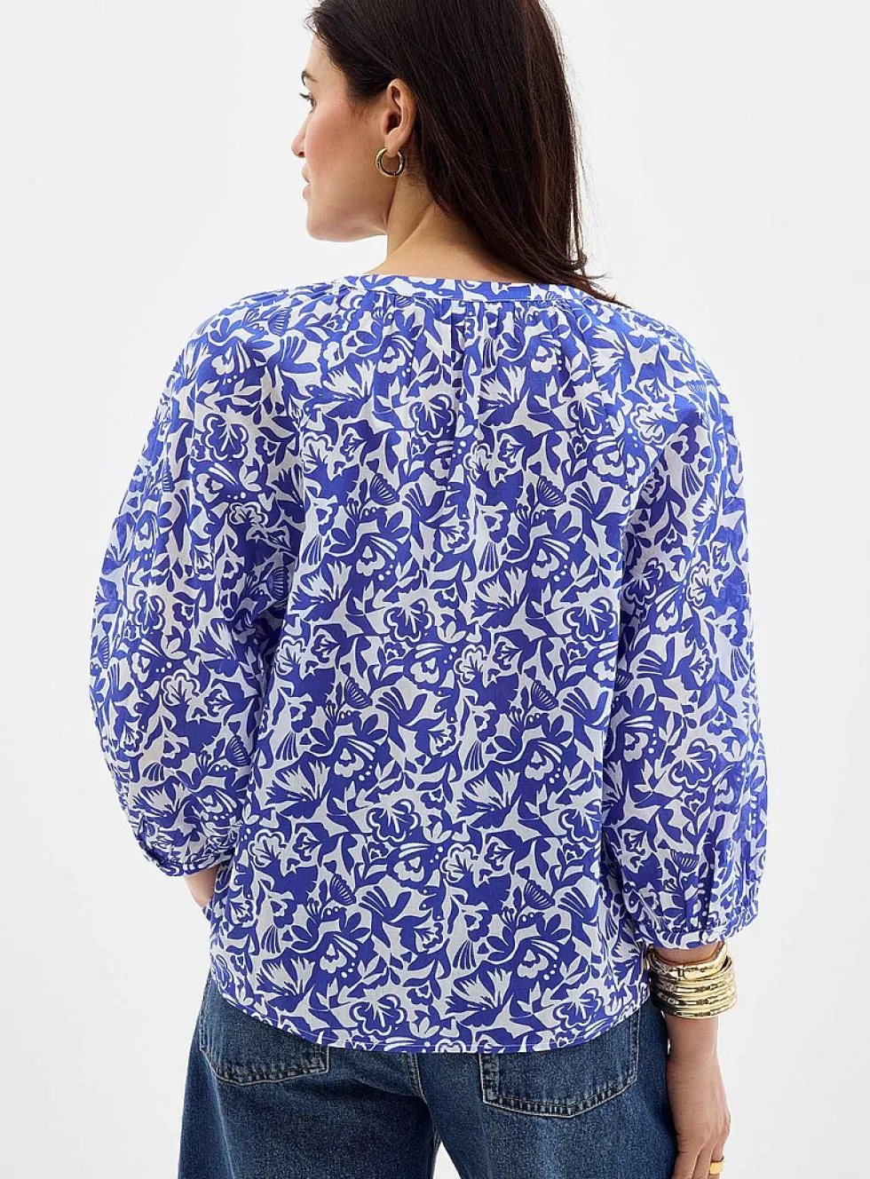 Printed puff-sleeve voile blouse
