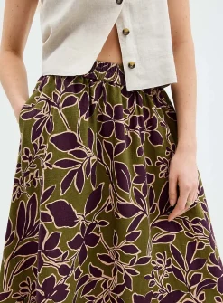 Printed pure linen flared skirt