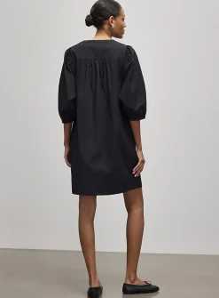 Puff-sleeve loose poplin dress