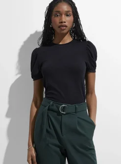 Puff-sleeve supple knit T-shirt