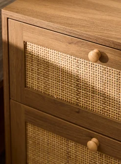 Rattan drawers walnut laminate accent table