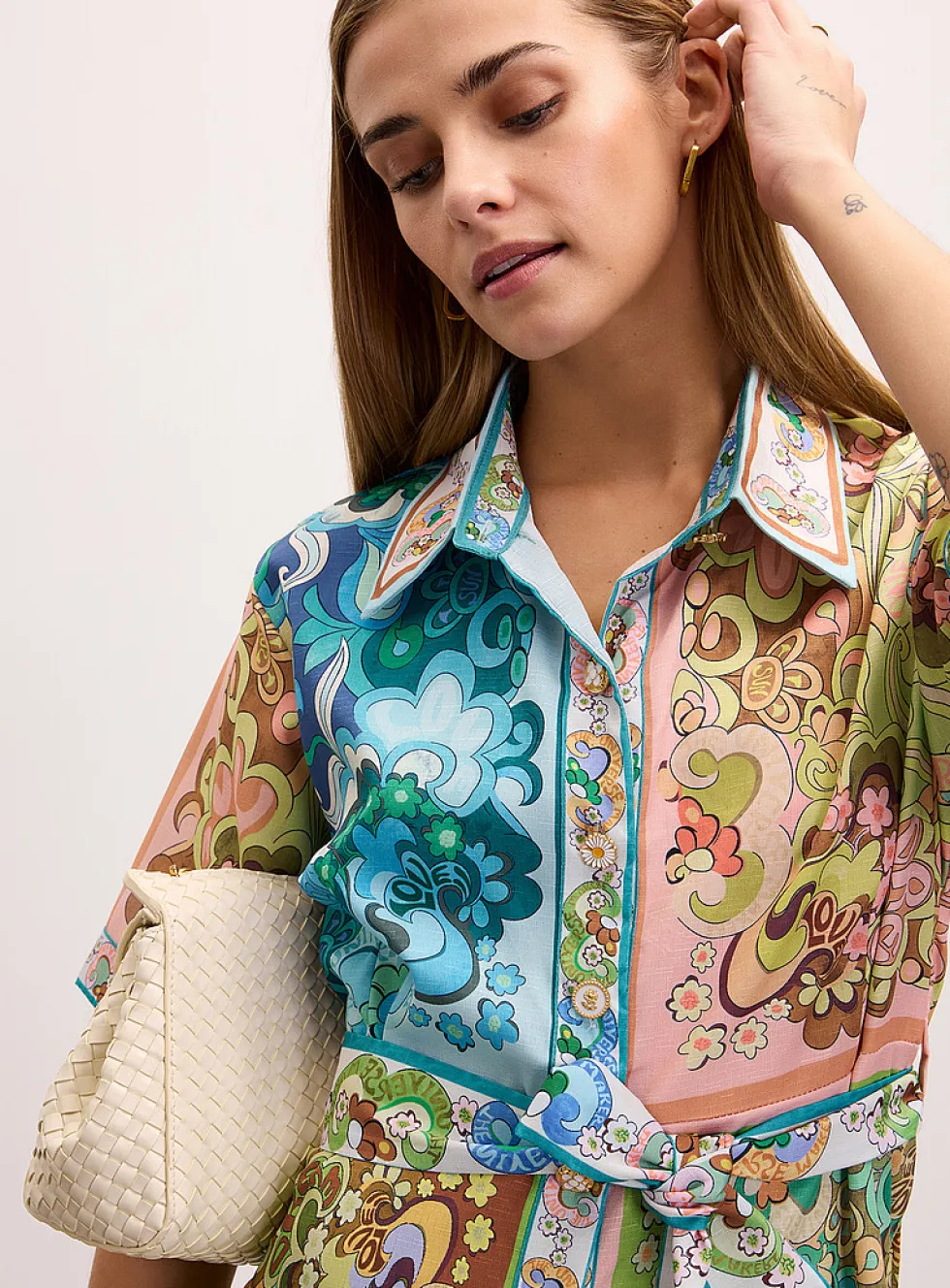 Retro-print belted mini shirtdress