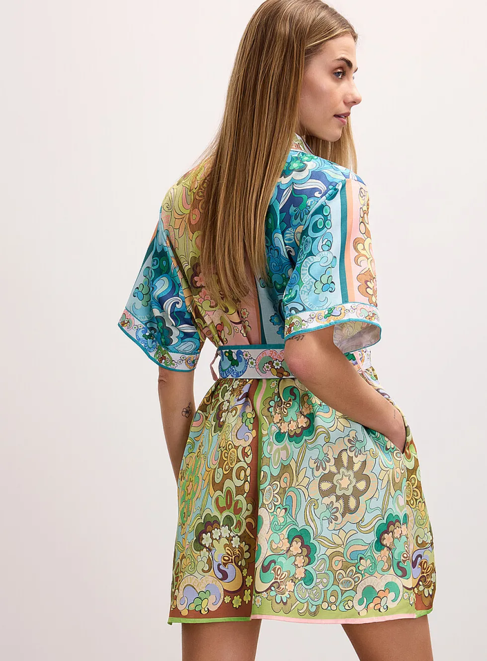 Retro-print belted mini shirtdress