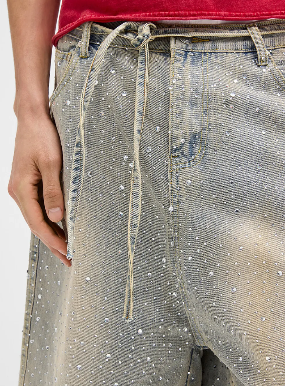 Rhinestone distressed denim Bermudas