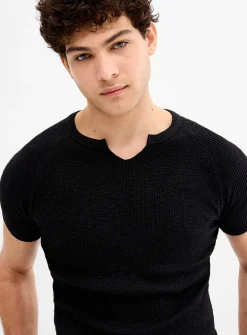 Ribbed jersey slit-neck T-shirt