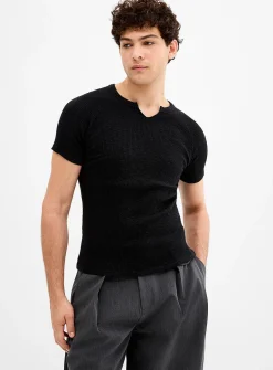 Ribbed jersey slit-neck T-shirt