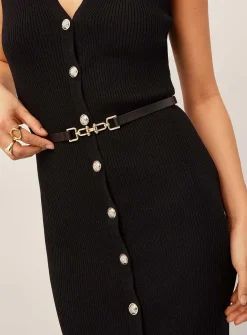 Rib-knit belted and buttoned dress