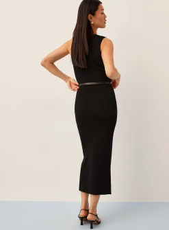 Rib-knit belted and buttoned dress