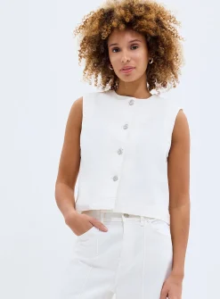 Rina silver buttons white denim vest