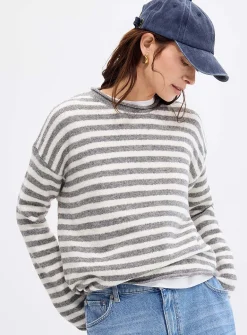 Rolled trim striped sweater