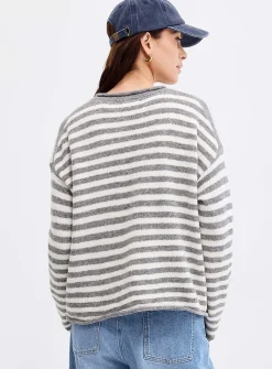 Rolled trim striped sweater