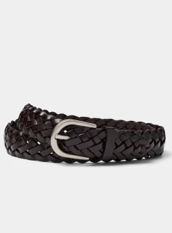 Rounded-buckle braided leather belt
