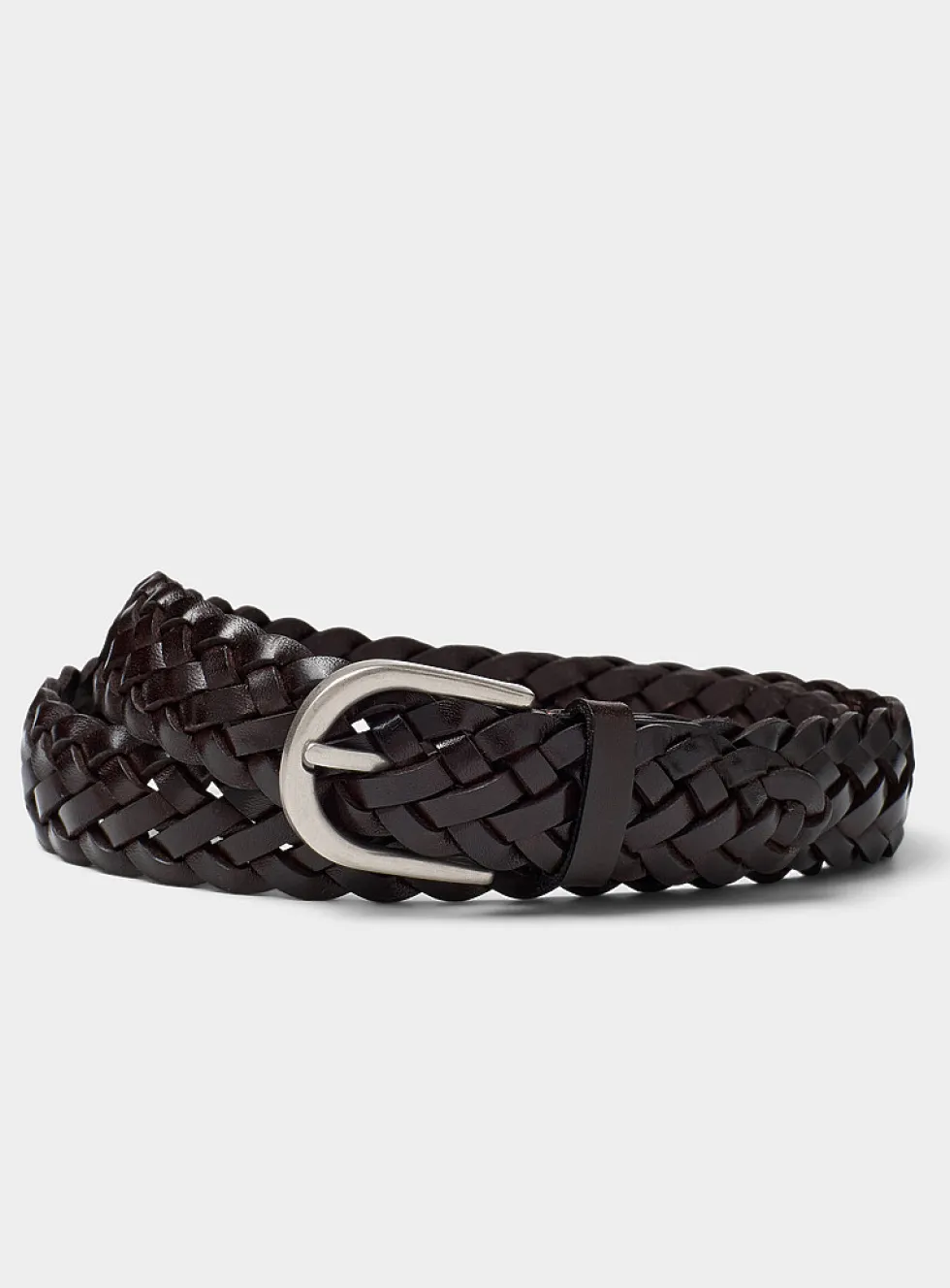 Rounded-buckle braided leather belt