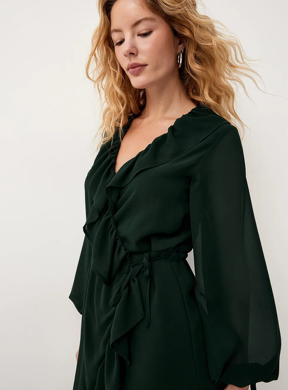 Ruffled sheer chiffon wraparound dress