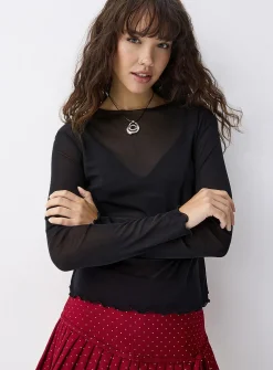 Ruffled trim mesh T-shirt