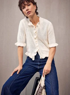 Ruffled trim short sleeves cardigan