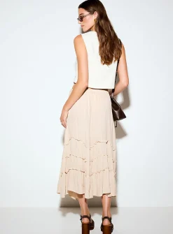 Sandy beige frill-band flared skirt