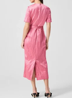 Satin belted midi dress with embroidered embellishments