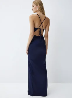 Satiny fitted draped-neck dress