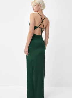 Satiny fitted draped-neck dress