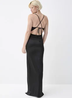 Satiny fitted draped-neck dress