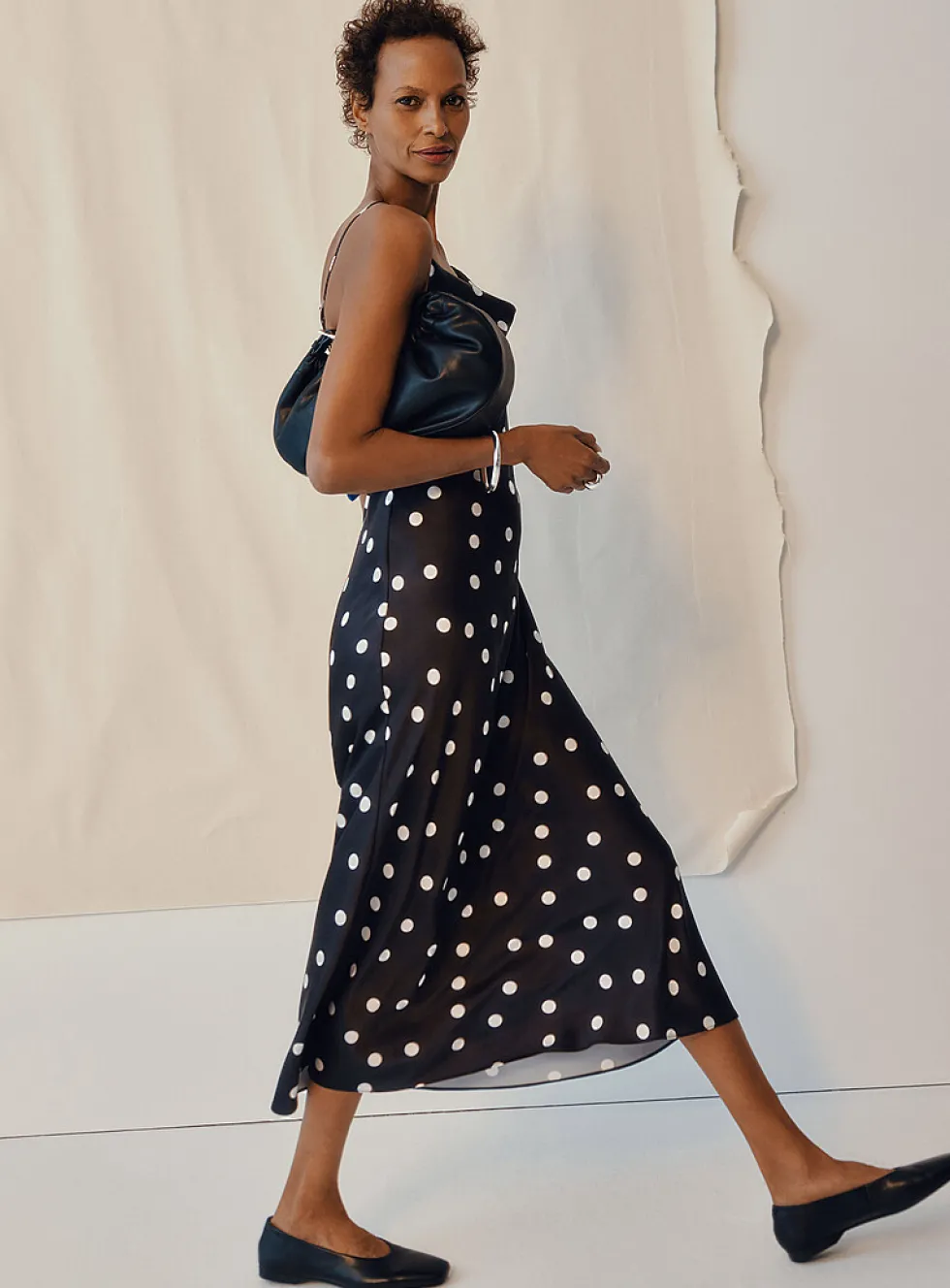 Satiny polka dot cowl-neck dress