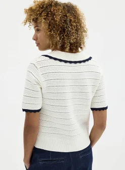 Scalloped Johnny collar openwork sweater