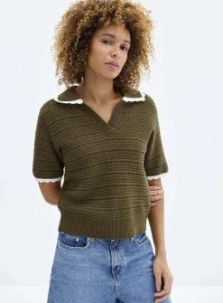 Scalloped Johnny collar openwork sweater