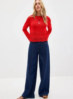 Scalloped openwork bell-sleeve sweater