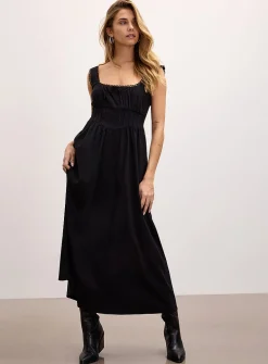 Scalloped square neckline bustier midi dress