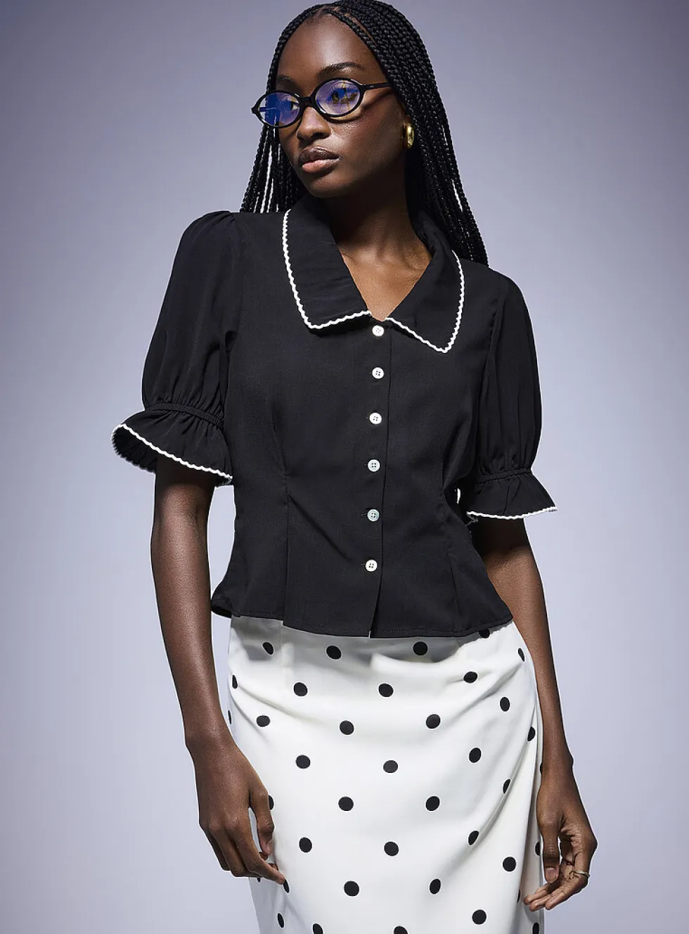 Scalloped-trim puff-sleeve blouse