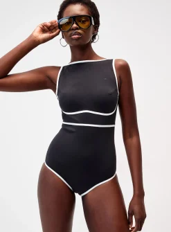 Scoop-back trimmed silhouette one-piece