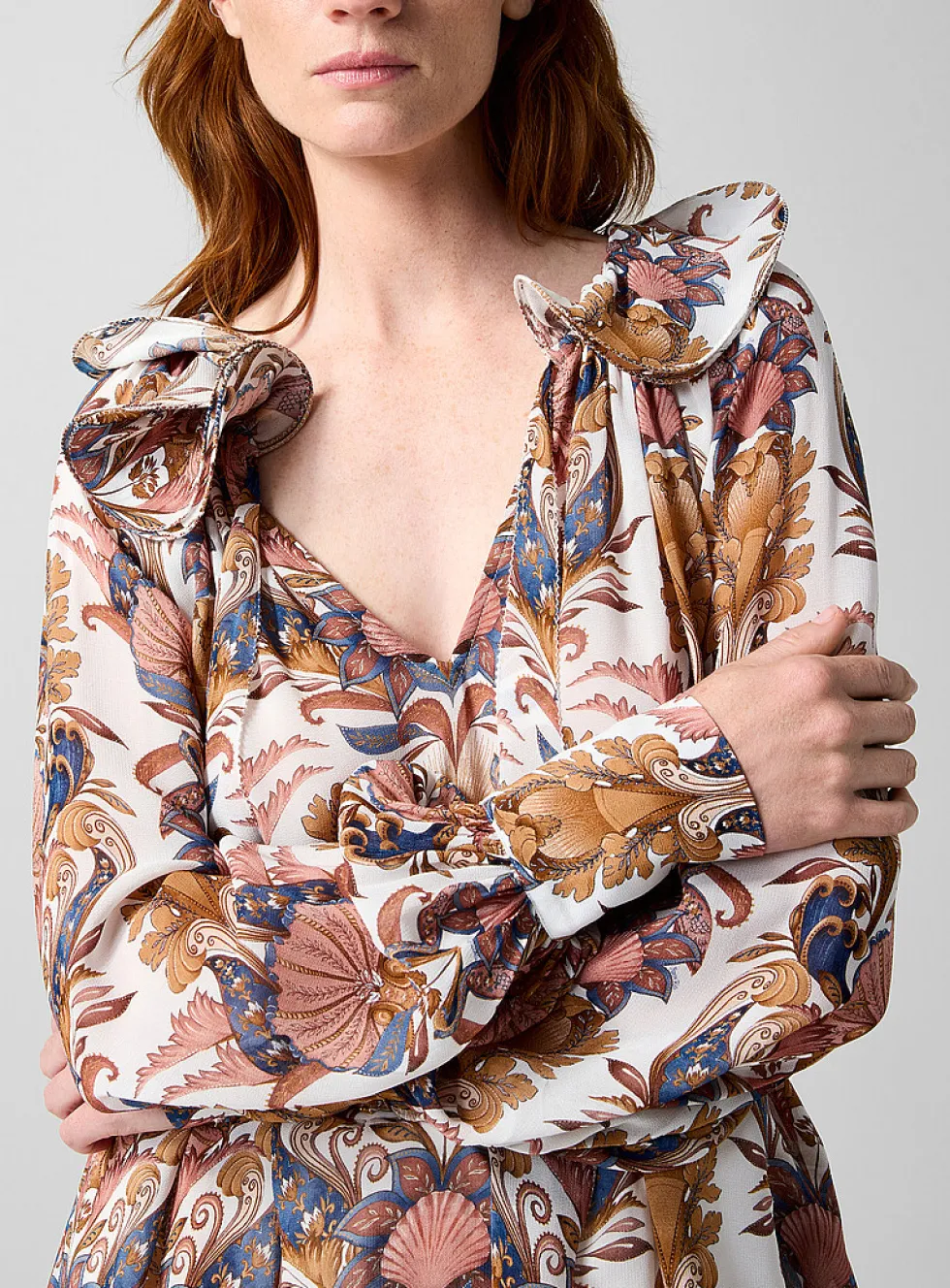 Sea Garden fluid ruffled print blouse
