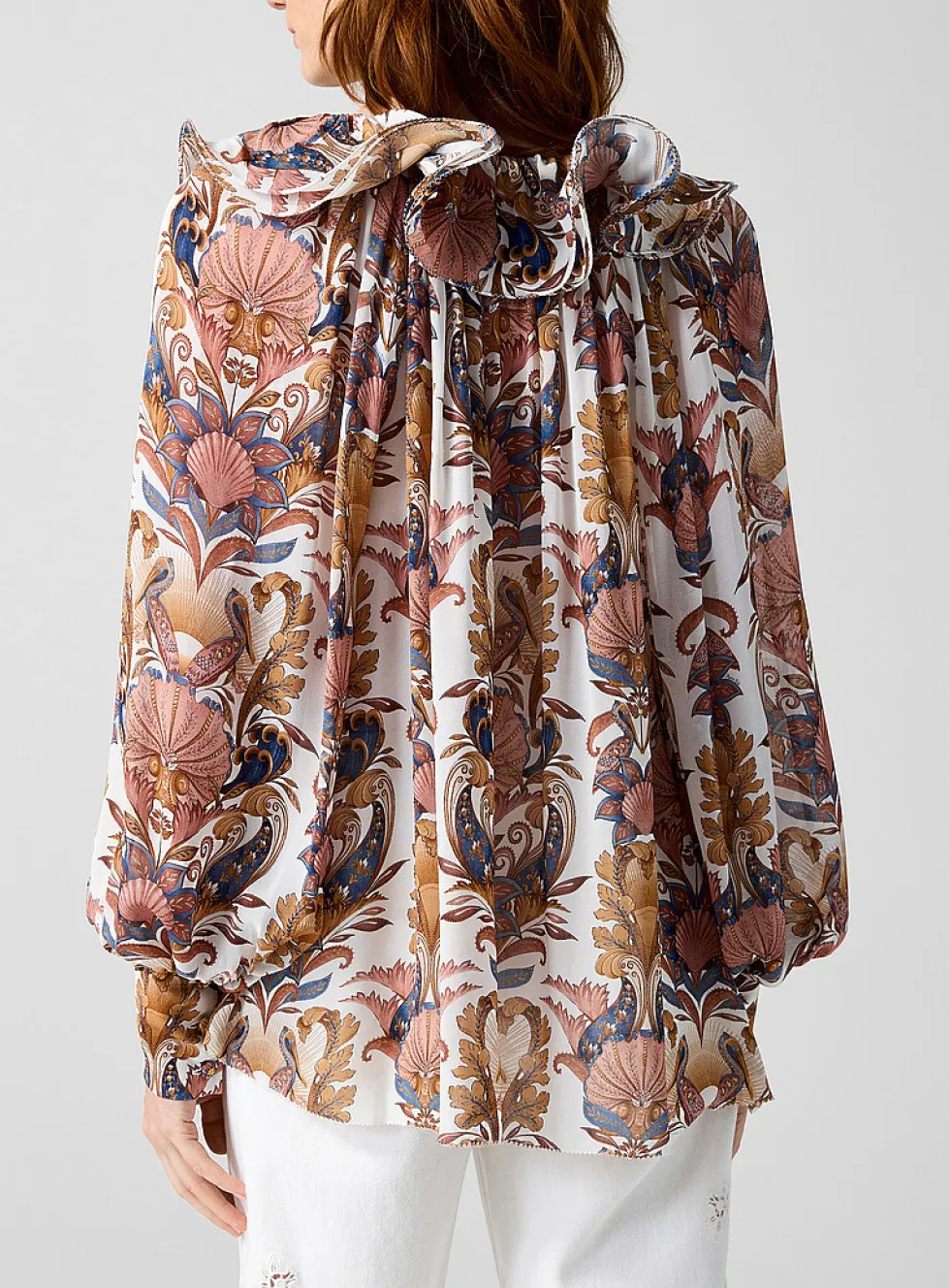 Sea Garden fluid ruffled print blouse