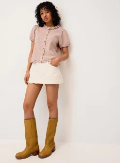 Seersucker puff-sleeve check shirt
