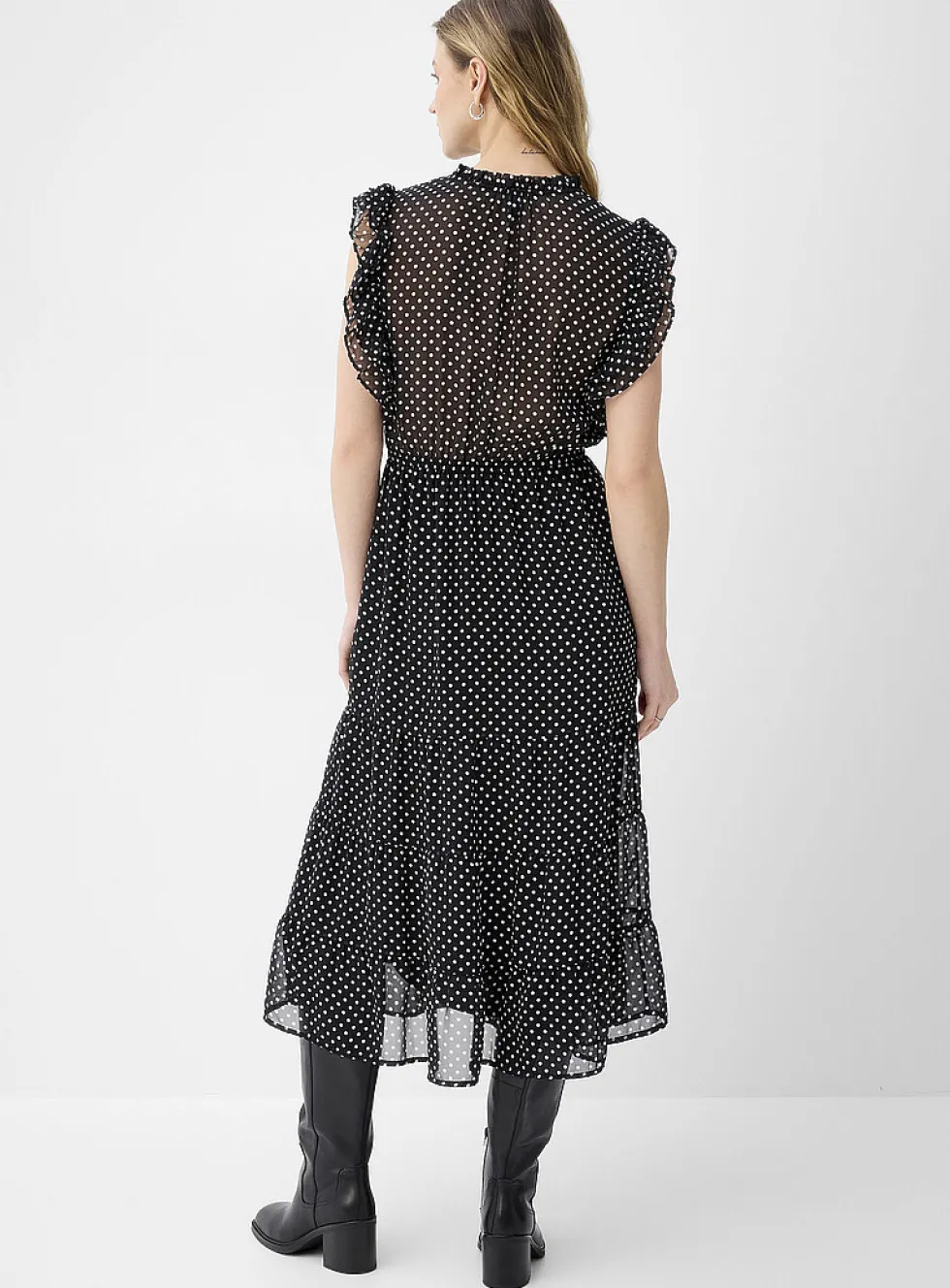 Sheer chiffon ruffled-collar midi dress