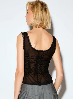 Sheer gathered tie-up cami
