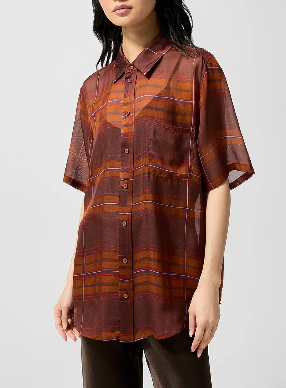 Sheer pure silk tartan pattern shirt