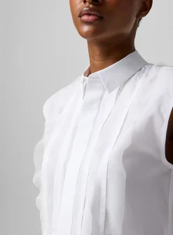 Sheer ruffles pleated sleeveless shirt
