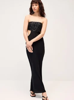 Shimmering neckline satin maxi dress