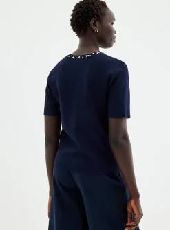 Short-sleeve jewel-collar sweater
