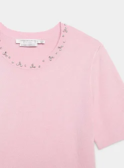 Short-sleeve jewel-collar sweater