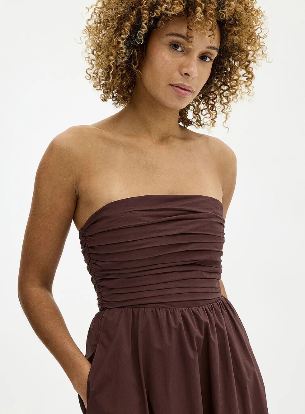 Siara pleated poplin strapless dress