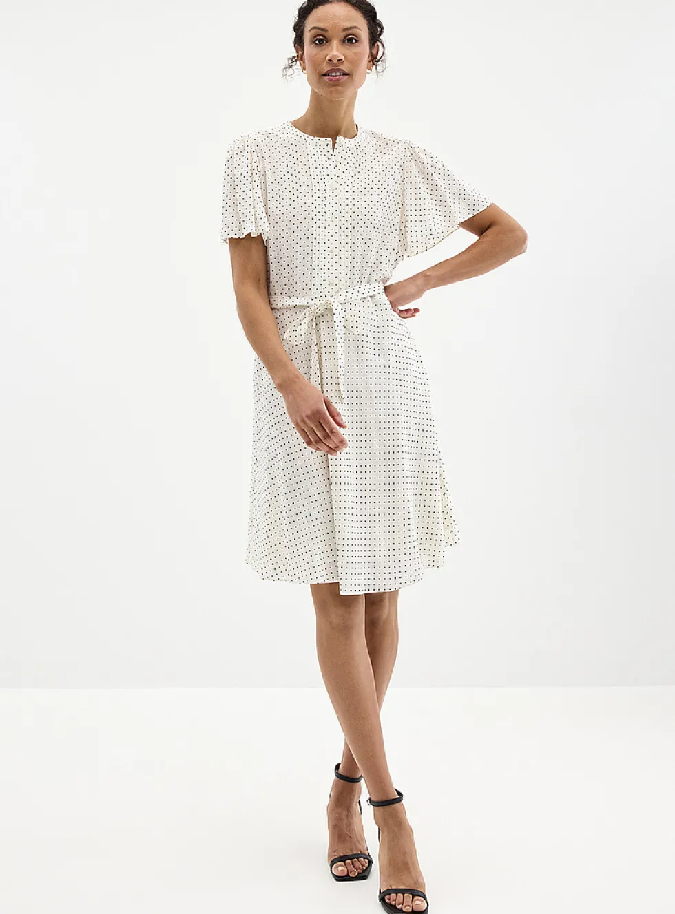 Silky polka dot pleated bib dress